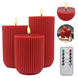 LED Blockljus 3 st. 10, 12,5 och 15 cm Räfflade Vaxljus med Resin, Röd